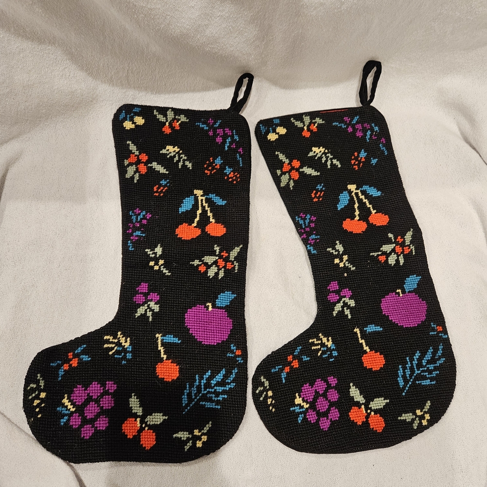 Black Holiday Fruit Needlepoint Stocking Pair - Picture 1 of 7